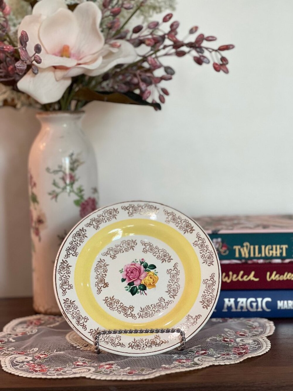 Vintage 1950s Newtown English Bone China Rose Plates — Set of 3